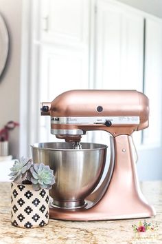 a pink mixer sitting on top of a counter next to a potted succulent