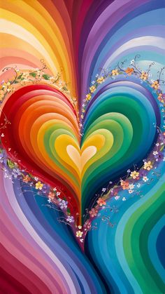 a colorful heart shaped painting with flowers and leaves on the bottom, surrounded by rainbow colors