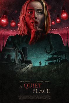 the movie poster for a quiet place with a woman looking at her hand in front of her face