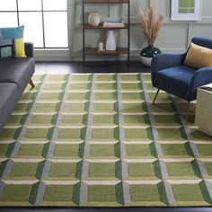 a living room filled with furniture and a green rug