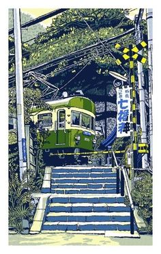 an image of a green train going up the stairs in front of some trees and bushes