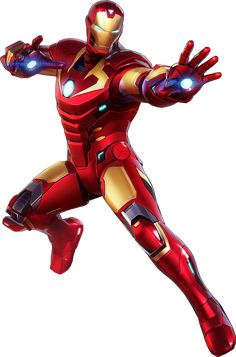 an iron man flying through the air with his arms out and glowing eyes on it