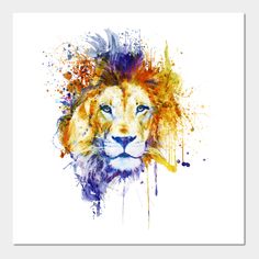 a watercolor painting of a lion's head with paint splatters on it