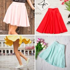 four different styles of women's skirts with flowers on the floor and in front