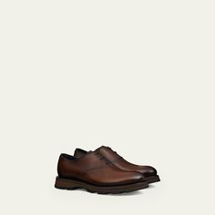 Berluti "Venezia" oxfords. Stacked heel. Round toe. Lace-up vamp. Contrast midsole. Lugged sole. Up Shoes, Lug Sole, Bergdorf Goodman, Stacked Heel, Top Designers, Lace Up Shoes, Oxford, Tops Designs, Lace Up