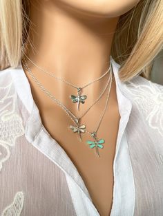 "Beautiful sterling silver dragonfly pendant necklace with turquoise, abalone shell or mother of pearl. All handcrafted. Stamped 925 * Pendant measurements: 18 x 27 mm * Made in Italy chain is optional Two lengths (adjustable) available:  1) 16 - 18\"  -  40 - 45 cm 2) 18 - 20\"  -  45 - 50 cm 925N-008" Turquoise Sterling Silver Charm Necklace, Silver Dragonfly Jewelry, Rose Gold Choker Necklace, Rose Gold Choker, Dragonfly Necklace, Dragonfly Pendant, Paua Shell, Boho Pendant, Gold Choker Necklace