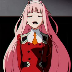 an anime character with pink hair wearing a red dress