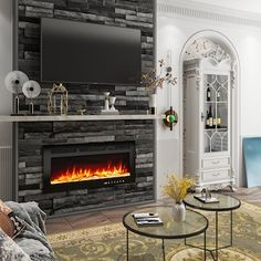 a living room filled with furniture and a flat screen tv mounted on the wall above a fire place