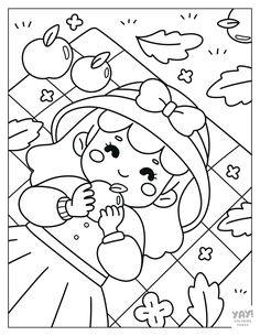 a coloring page with a girl holding an apple