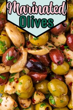 Various coloured olives with a text overlay title.