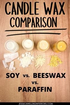 candle wax comparison soy vs beeswax and paraffinn on a wooden table