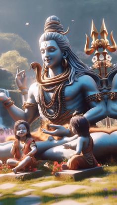 an animated image of the hindu god sitting on the ground with two children in front of him