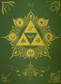 the legend of zelda's triforce symbol is shown in gold on a green background