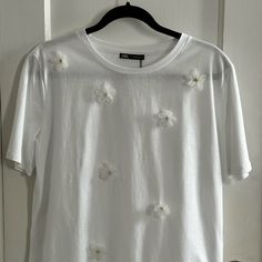 Nwt Zara White Shirt With Flower And Rhinestone Detail (Size L). No Details On The Back Of The Shirt. Zara White Shirt, Zara White, The Shirt, Zara Tops, White Shirt, Color White, Zara, Womens Tops, Tops & Tees