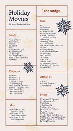 the holiday movies list with snowflakes on it