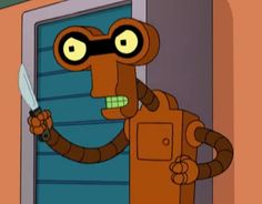 a cartoon character holding a knife in front of a door