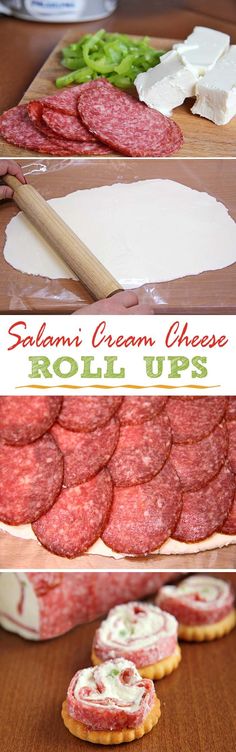 salami cream cheese roll ups on a cutting board and in the process of being made