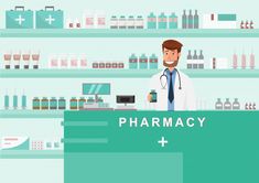 a man in a white lab coat standing behind a pharmacy counter