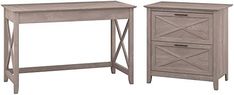 two wooden tables with drawers on each side and one drawer at the bottom, both in grey wood