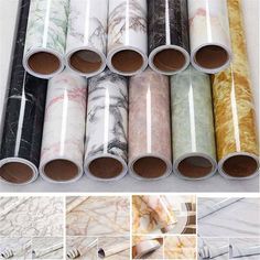 various rolls of marble paper with different colors and designs on them, all lined up in rows