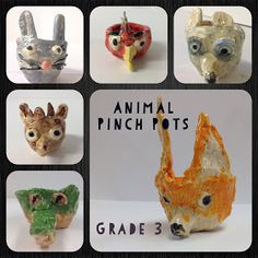 four different animal pinch pots are shown with the words grade 3 written in front of them