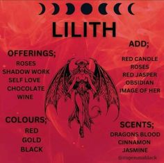 a red sign with black writing on it that says, lulthh offerings, roses, shadow work, self - love, chocolate wine