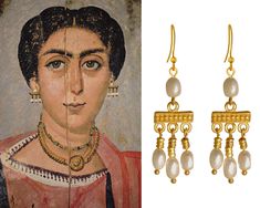 These beautiful dangle earrings are inspired by the Crotalia earrings that were very common in ancient Roman times as documented in the Fayum mummy portraits. Earrings are 24k gold plated accented with four white-ish freshwater cultured pearls. Handcrafted. Arabic Earrings, Ancient Earrings, Ancient Jews, Ancient Clothing, Byzantine Earrings, Ancient Roman Jewelry, Byzantine Gold, Ancient Greek Jewelry, Ancient Jewels