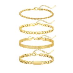 PRICES MAY VARY. 4Pcs GOLD BRACELETS SET:Different bracelet styles can be combined at will, and you can wear them in a good mood every day.These Bracelets are suitable for layering as well as being worn alone. BRACELETS SIZE: Each Bracelet length 6.9”+ 2” extender. Strong lobster clasp design, You can easily to adjust bracelets length by yourself, this gold bracelets suitable for women and teen girls.Simple & unique gold bracelets for women, perfect bracelet for the festival gift. BRACELET MATER Trendy Yellow Gold Bracelet With Chain, Trendy Gold-tone Bracelet With Chain, Dainty Tarnish-resistant Chain Link Gold Bracelet, Trendy Gold Link Bracelet, Tarnish Resistant, Cheap Tarnish-resistant Gold Chain Bracelet, Bracelets Stack, Bracelet Styles, Gold Bracelets Stacked, Bracelet Set Silver