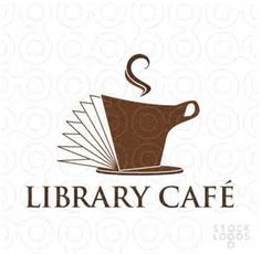 the library cafe logo with a cup of coffee on it's saucer and an open book