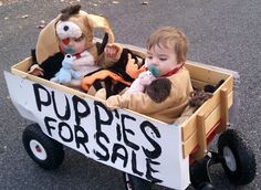 two children in a toy wagon with stuffed animals on the wheels that says puppies for sale