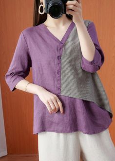 Modern Purple Patchwork asymmetrical design Cotton Linen Shirt Top SummerFabric: Cotton 45%, Linen 55%Size & Fit: Fit: This garment fits true to size.Length: Size L measures 23.79"from shoulder to hemBust: Great for any cup size. Waist: Loose Fit. Comfortable room throughout midsection.Hip: Loose Fit - room for hips. Hand Wash Cold. Casual Asymmetrical Patchwork Blouse, Summer Tops With Patchwork And Asymmetrical Hem, Patchwork Short Sleeve Blouse For Layering, Purple Patchwork Short Sleeve Top, Asymmetrical Patchwork Spring Blouse, Summer Patchwork Tops For Workwear, Summer Workwear Tops With Patchwork, Spring Asymmetrical Patchwork Top, Spring Patchwork Blouse With Asymmetrical Hem