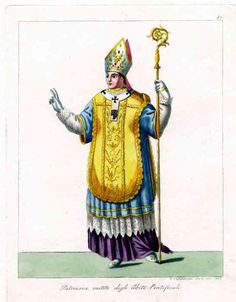 an illustration of a priest holding a cross and a golden key in his hand,