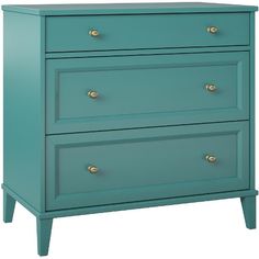 a blue dresser with three drawers and gold knobs on the bottom, against a white background