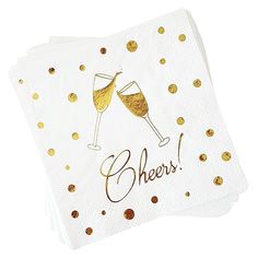 cheers napkins with gold confetti and champagne glasses on them, set of 4