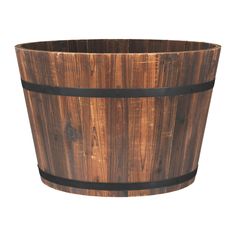 a wooden bucket with black straps on the handles and bottom, sitting in front of a white background