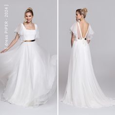 two pictures of the same woman in white wedding gowns, one is wearing a black belt