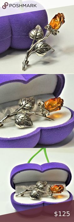 AMBER ROSE PETITE BROOCH 925 SILVER MOTHER'S GIFT RARE ESTATE FINDS! GORGEOUS PETITE AMBER ROSE! ARTISAN UNIQUE GENUINE AMBER & STERLING SILVER DETAILED ROSE WITH LEAVES. 2" long. STAMPED 925 Sterling Silver. READY TO GIFT IN BEAUTIFUL CHERRY GIFT BOX! IN EXCELLENT NEW CONDITION! GREAT GIFT FOR MOTHER'S DAY! VESSEL Jewelry Brooches Unique Sterling Silver Brooches For Gifts, Rose Flower Brooch Gift, Sterling Silver Hallmarked Brooches, Rose Colored Formal Brooches, Silver Hallmarked Brooches For Gifts, Hallmarked Silver Brooches For Gifts, Sterling Silver Brooches For Anniversary, Sterling Silver Flower Brooches For Gift, Sterling Silver Flower Brooches As Gift