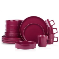 red dinnerware set with cups and saucers