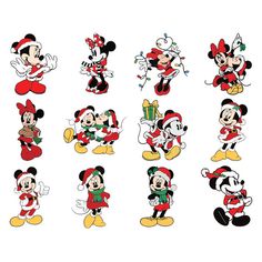 mickey and minnie mouse christmas stickers are shown in various poses, with santa's hats