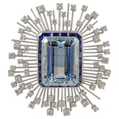 This brooch is designed with aquamarine stone in the center with the total carat weight of 35.03 accented with sapphire with the carat weight of 3.70 and diamonds with the total carat weight of 3.55. Sophia D by Joseph Dardashti LTD has been known worldwide for 35 years and are inspired by classic Art Deco design that merges with modern manufacturing techniques. Sapphire Brooch, Jewelry Pins, Aquamarine Stone, Fabulous Jewelry, Antique Diamond, Van Cleef Arpels, Lovely Jewellery, Vintage Designer, Brilliant Diamond