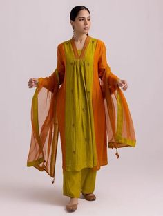 Buy Green Hand Embroidered Chanderi Suit- Set of 3 | LSSAW202403/SHMA6 Yellow Chanderi Kurta With Sheer Dupatta, Yellow Slub Silk Kurta With Sheer Dupatta, Yellow Raw Silk Set With Sheer Dupatta, Orange Sheer Chanderi Dupatta, Yellow Organza Sharara, Designer Anarkali Dresses, Engagement Mehndi Designs, Chanderi Suits, Indian Look