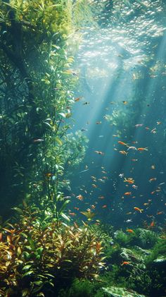 an underwater scene with fish swimming in the water and plants growing on the bottom floor