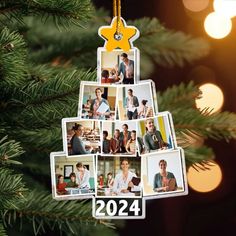 a christmas tree ornament with photos hanging from it