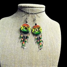 Rasta Ceramic Earrings: 2 1/2 Inches Ceramic Earrings, Ceramic Earring, Green Yellow, Jewelry Earrings, Women Jewelry, Ceramics, Yellow, Green, Women Shopping