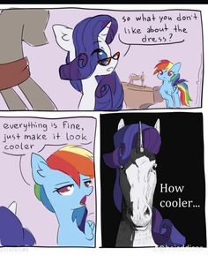 comic strip with pony saying how cool is it? and an image of rainbows