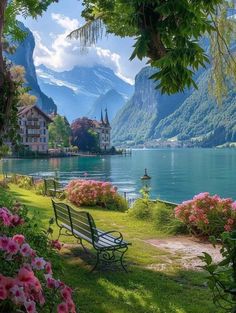 two park benches sitting in the grass next to flowers and trees with mountains in the background