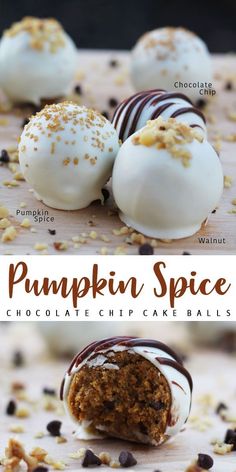 pumpkin spice chocolate chip cake balls with white frosting and sprinkles on top