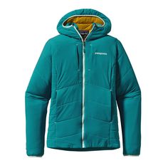 a women's hooded jacket in teal blue with the words patagon on it