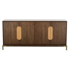 the sideboard is made from wood and has two doors on each side, with brass handles