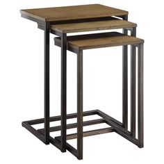 three nesting tables with metal legs and wood top, set of 3 in dark brown